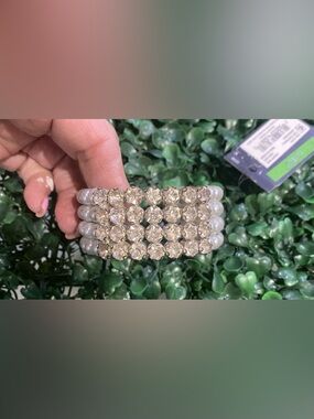 Pearl Rhinestone Cuff Bracelet Gold Tone Wide Stretch Vintage Style